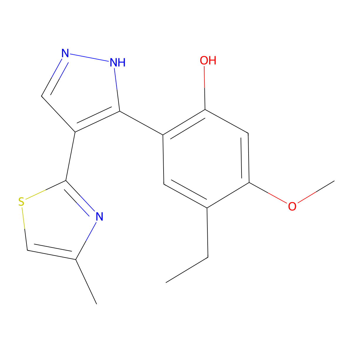 4-ethyl-5-methoxy-2-(4-(4-methylthiazol-2-yl)-1H-pyrazol-3-yl)phenol molecular structure, CAS 374601-19-1