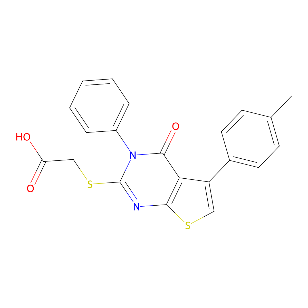 2-((4-Oxo-3-phenyl-5-(p-tolyl)-3,4-dihydrothieno[2,3-d]pyrimidin-2-yl)thio)acetic acid molecular structure, CAS 374602-13-8