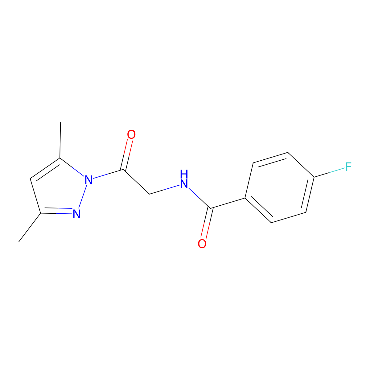 N-[2-(3,5-dimethylpyrazol-1-yl)-2-oxoethyl]-4-fluorobenzamide molecular structure, CAS 374606-00-5