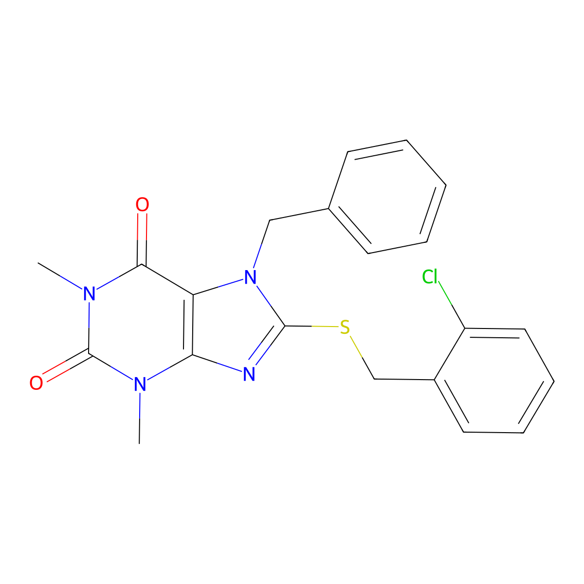 7-Benzyl-8-[(2-chlorophenyl)methylsulfanyl]-1,3-dimethylpurine-2,6-dione molecular structure, CAS 374606-28-7