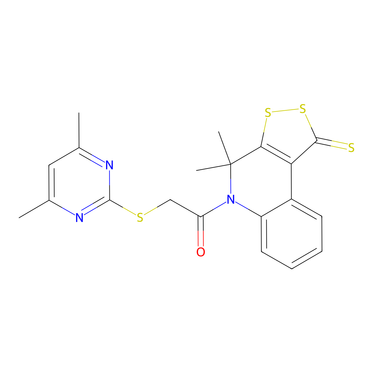 2-(4,6-Dimethylpyrimidin-2-yl)sulfanyl-1-(4,4-dimethyl-1-sulfanylidenedithiolo[3,4-c]quinolin-5-yl)ethanone molecular structure, CAS 374608-02-3