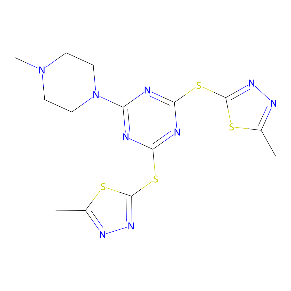2-Methyl-5-[[4-(4-methylpiperazin-1-yl)-6-[(5-methyl-1,3,4-thiadiazol-2-yl)sulfanyl]-1,3,5-triazin-2-yl]sulfanyl]-1,3,4-thiadiazole molecular structure, CAS 374608-24-9