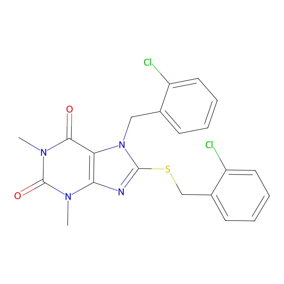 7-[(2-Chlorophenyl)methyl]-8-[(2-chlorophenyl)methylsulfanyl]-1,3-dimethylpurine-2,6-dione molecular structure, CAS 374608-32-9
