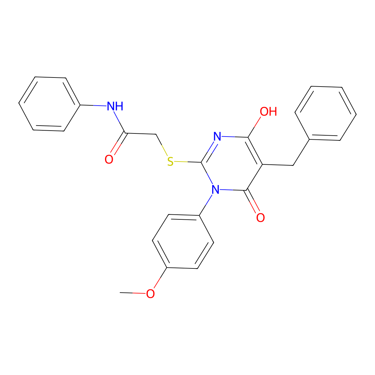2-{[5-benzyl-4-hydroxy-1-(4-methoxyphenyl)-6-oxo-1,6-dihydropyrimidin-2-yl]sulfanyl}-N-phenylacetamide molecular structure, CAS 374609-61-7