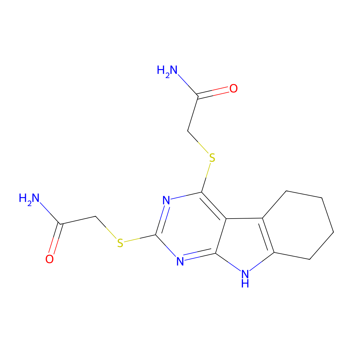 2-[[2-(2-amino-2-oxoethyl)sulfanyl-6,7,8,9-tetrahydro-5H-pyrimido[4,5-b]indol-4-yl]sulfanyl]acetamide molecular structure, CAS 374610-18-1