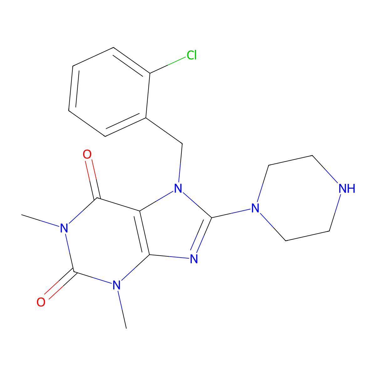 7-(2-Chlorobenzyl)-1,3-Dimethyl-8-Piperazin-1-Yl-3,7-Dihydro-1h-Purine-2,6-Dione molecular structure, CAS 374612-08-5