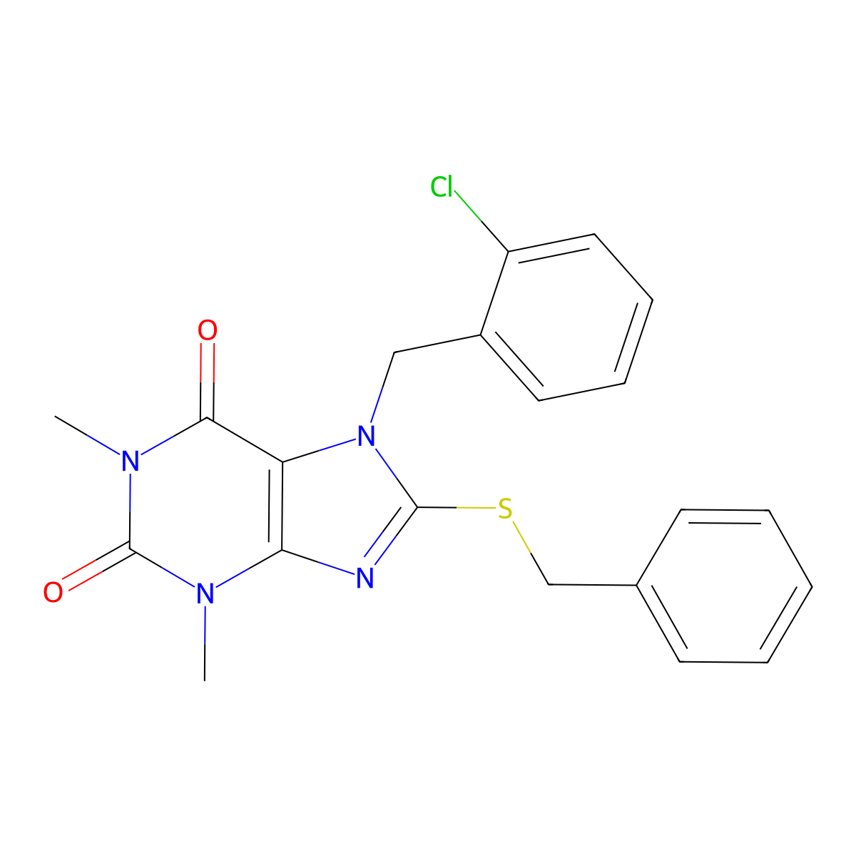 8-Benzylsulfanyl-7-[(2-chlorophenyl)methyl]-1,3-dimethylpurine-2,6-dione molecular structure, CAS 374612-79-0