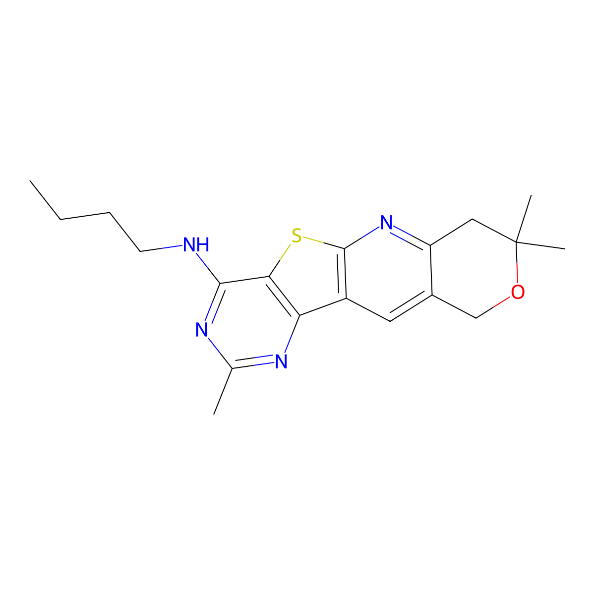 N-butyl-2,8,8-trimethyl-8,10-dihydro-7H-pyrano[3'',4'':5',6']pyrido[3',2':4,5]thieno[3,2-d]pyrimidin-4-amine molecular structure, CAS 374614-05-8