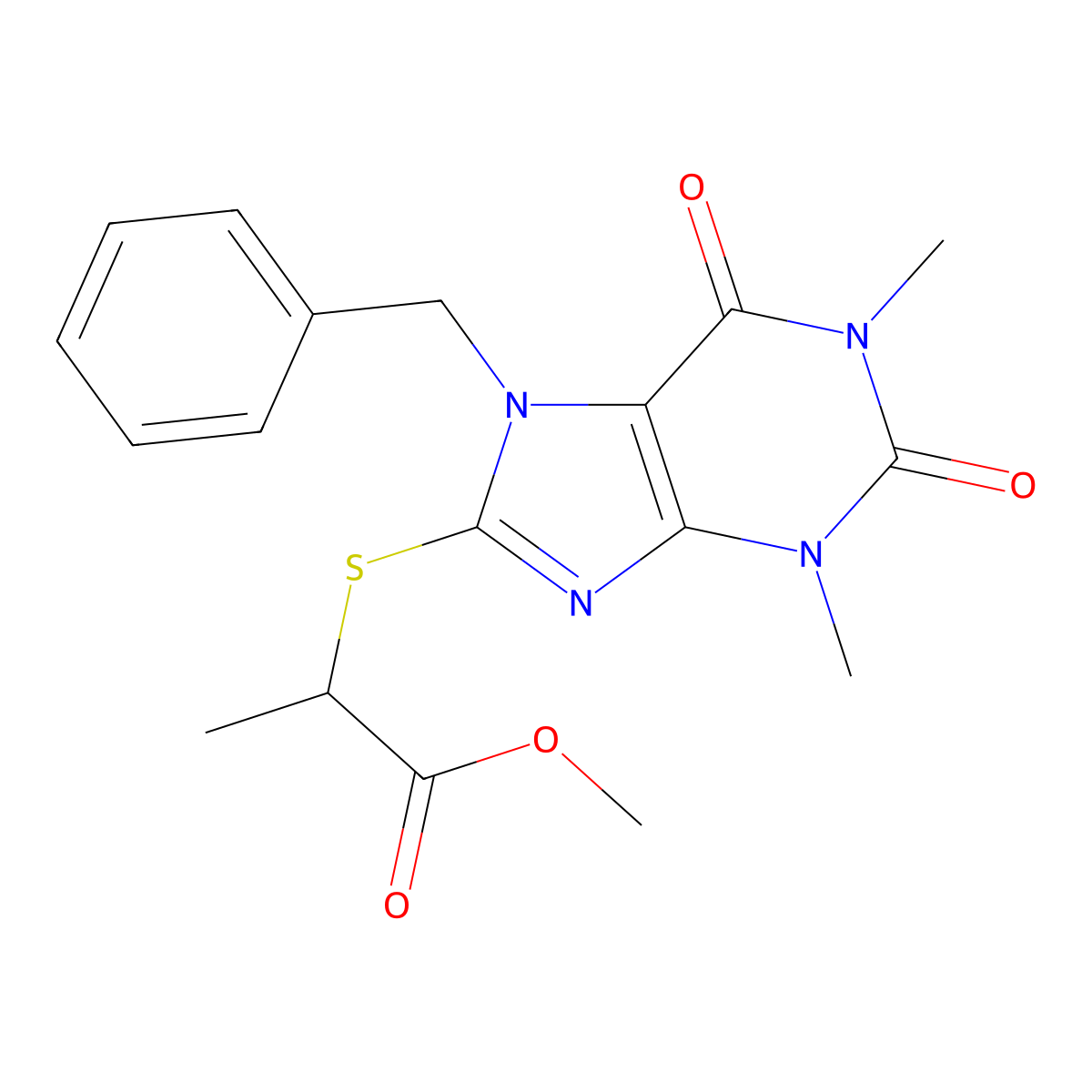 methyl 2-[(7-benzyl-1,3-dimethyl-2,6-dioxo-2,3,6,7-tetrahydro-1H-purin-8-yl)sulfanyl]propanoate molecular structure, CAS 374615-26-6