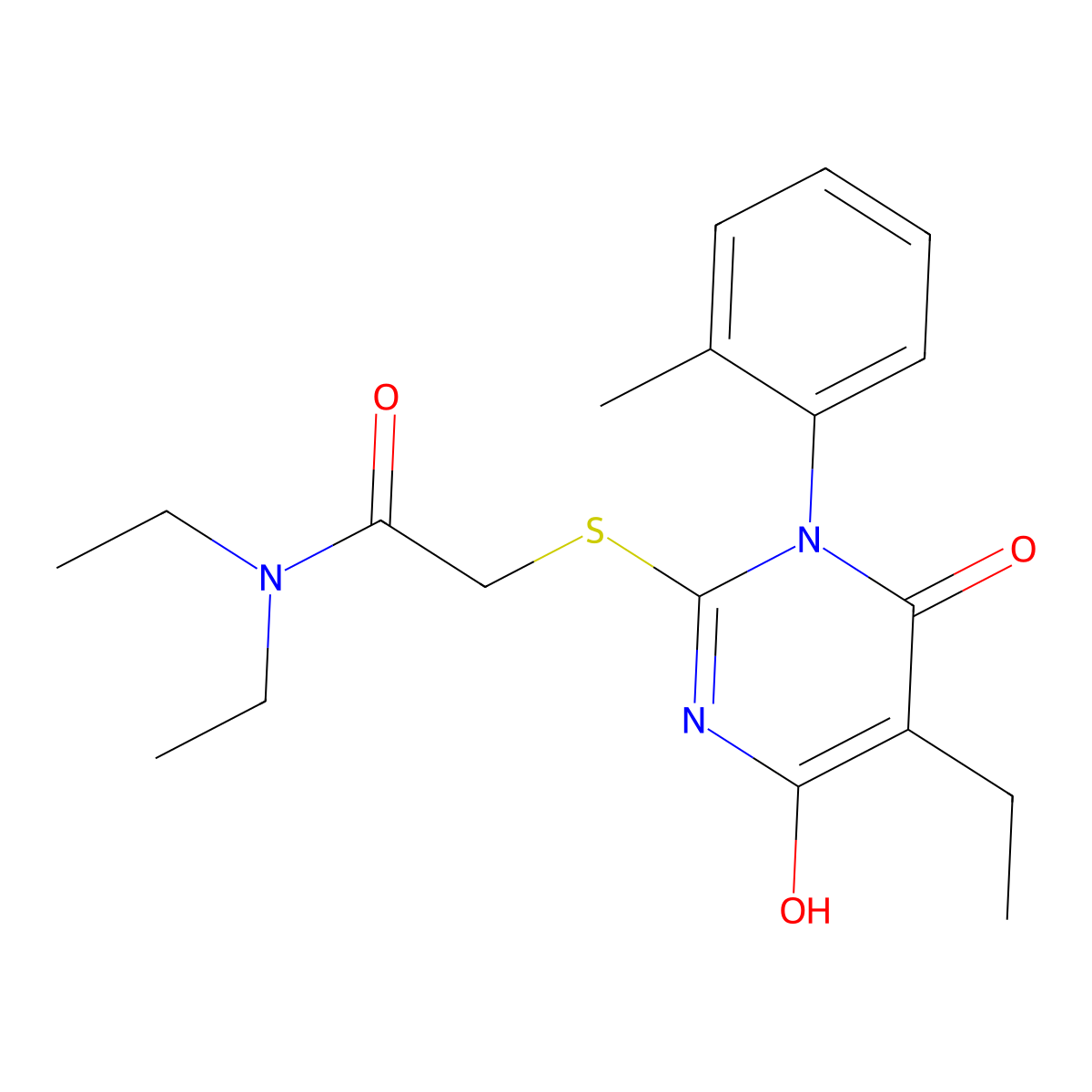N,N-diethyl-2-((5-ethyl-4-hydroxy-6-oxo-1-(o-tolyl)-1,6-dihydropyrimidin-2-yl)thio)acetamide molecular structure, CAS 374615-41-5
