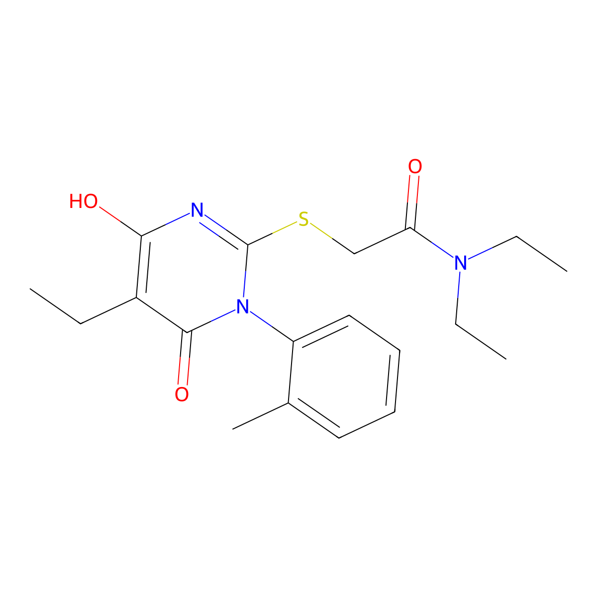N,N-diethyl-2-((5-ethyl-4-hydroxy-6-oxo-1-(o-tolyl)-1,6-dihydropyrimidin-2-yl)thio)acetamide molecular structure, CAS 374615-41-5