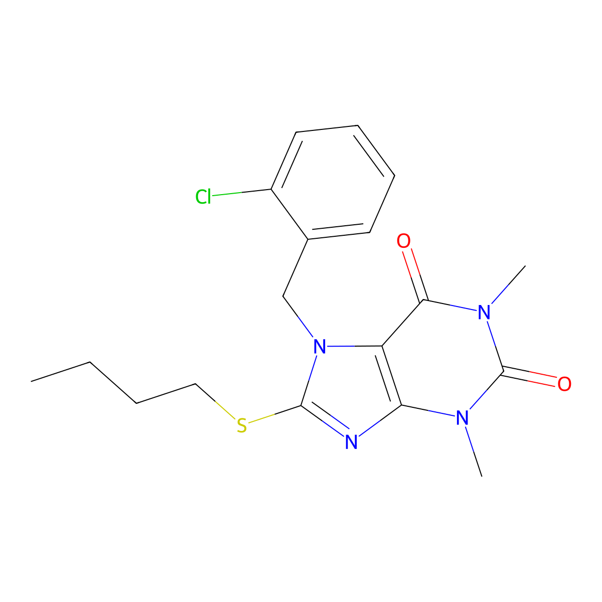 8-(butylsulfanyl)-7-(2-chlorobenzyl)-1,3-dimethyl-3,7-dihydro-1H-purine-2,6-dione molecular structure, CAS 374615-50-6