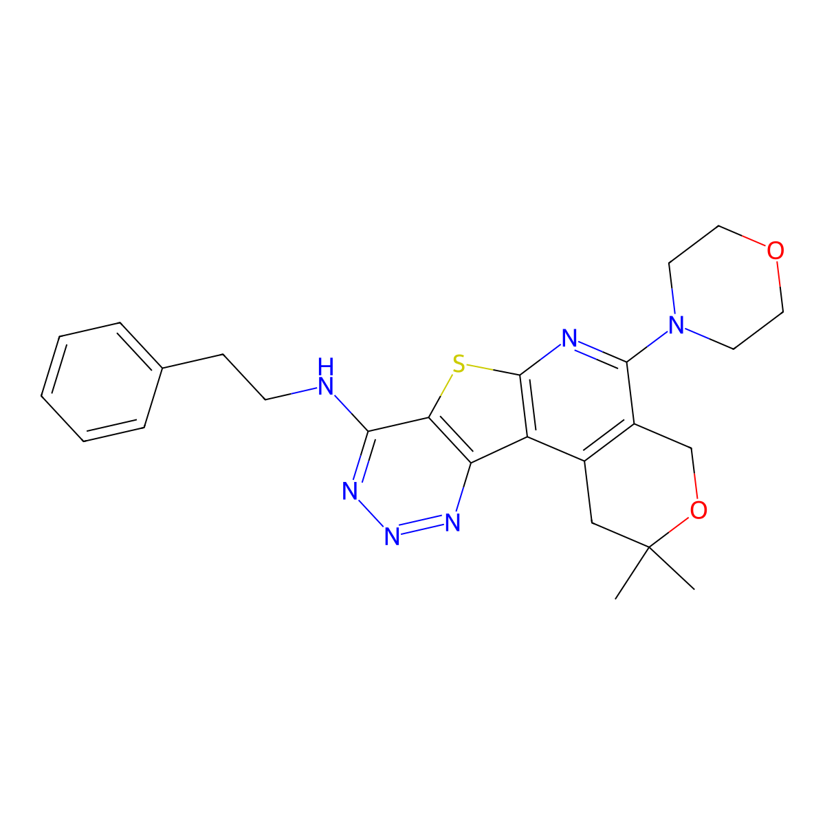 2,2-dimethyl-5-morpholino-N-phenethyl-2,4-dihydro-1H-pyrano[4'',3'':4',5']pyrido[3',2':4,5]thieno[3,2-d][1,2,3]triazin-8-amine molecular structure, CAS 374615-70-0