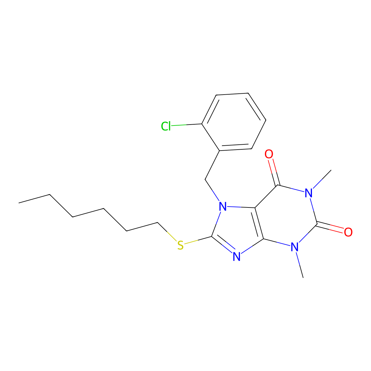 7-[(2-chlorophenyl)methyl]-8-(hexylsulfanyl)-1,3-dimethyl-2,3,6,7-tetrahydro-1H-purine-2,6-dione molecular structure, CAS 374615-76-6