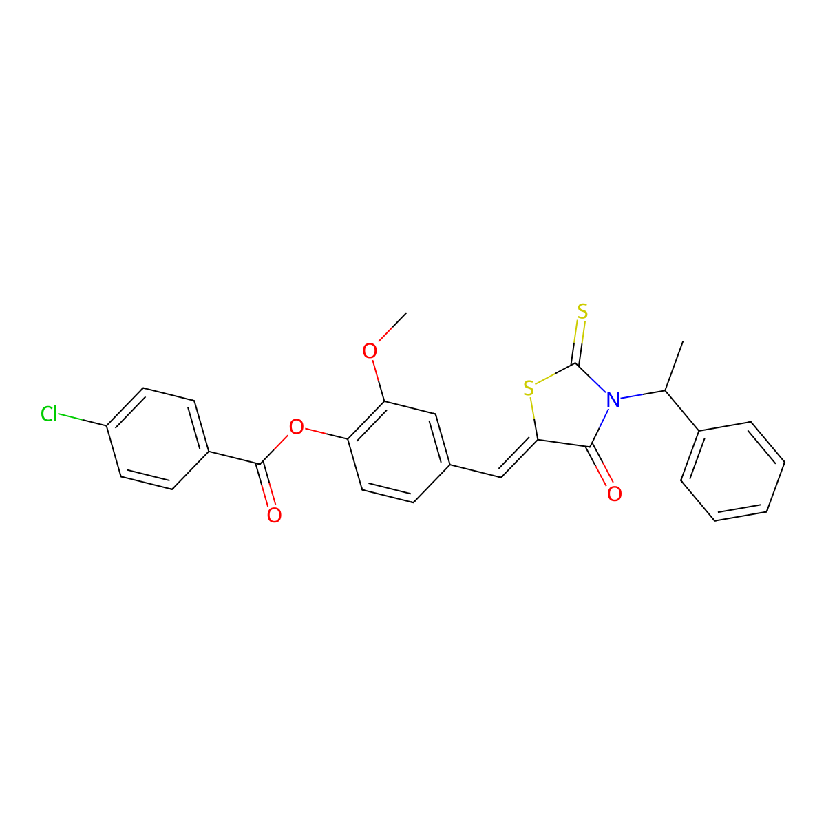 2-Methoxy-4-{[4-oxo-3-(1-phenylethyl)-2-sulfanylidene-1,3-thiazolidin-5-ylidene]methyl}-phenyl 4-chlorobenzoate molecular structure, CAS 374615-77-7