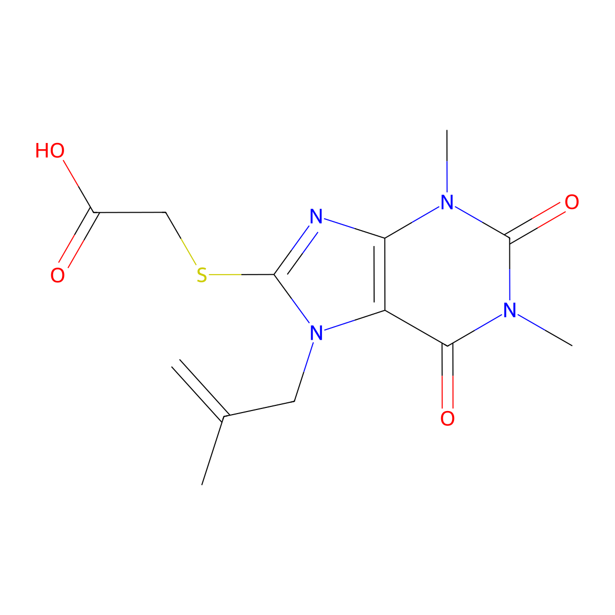2-((1,3-dimethyl-7-(2-methylallyl)-2,6-dioxo-2,3,6,7-tetrahydro-1H-purin-8-yl)thio)acetic acid molecular structure, CAS 374616-18-9