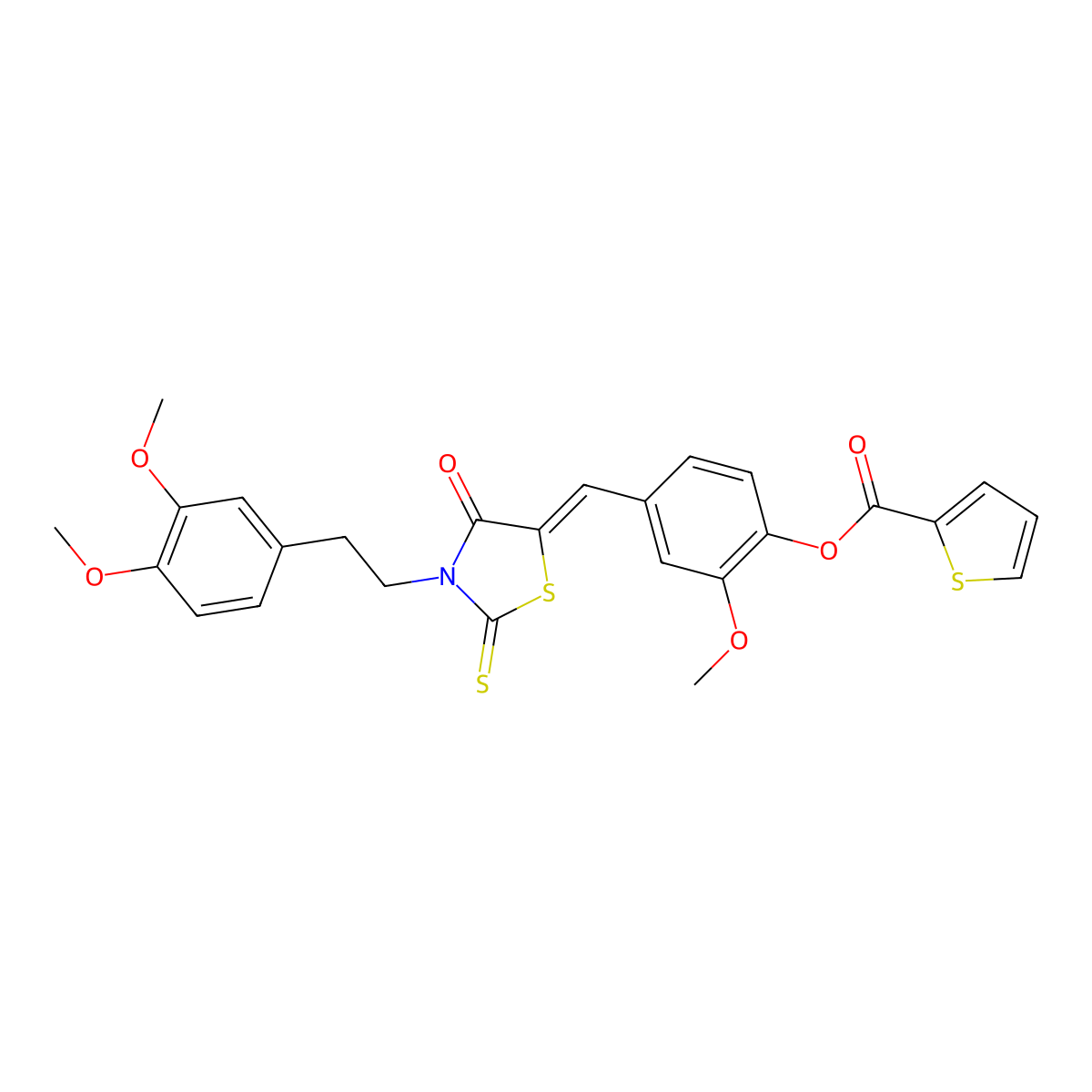 4-{[(5Z)-3-[2-(3,4-dimethoxyphenyl)ethyl]-4-oxo-2-sulfanylidene-1,3-thiazolidin-5-ylidene]methyl}-2-methoxyphenyl thiophene-2-carboxylate molecular structure, CAS 374616-61-2