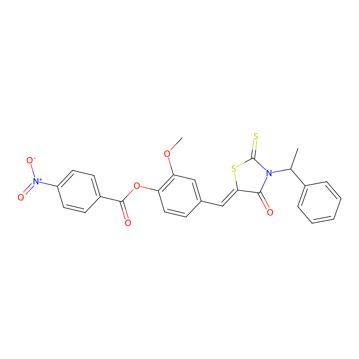 2-Methoxy-4-{[(5E)-4-oxo-3-(1-phenylethyl)-2-sulfanylidene-1,3-thiazolidin-5-ylidene]methyl}phenyl 4-nitrobenzoate molecular structure, CAS 374617-50-2