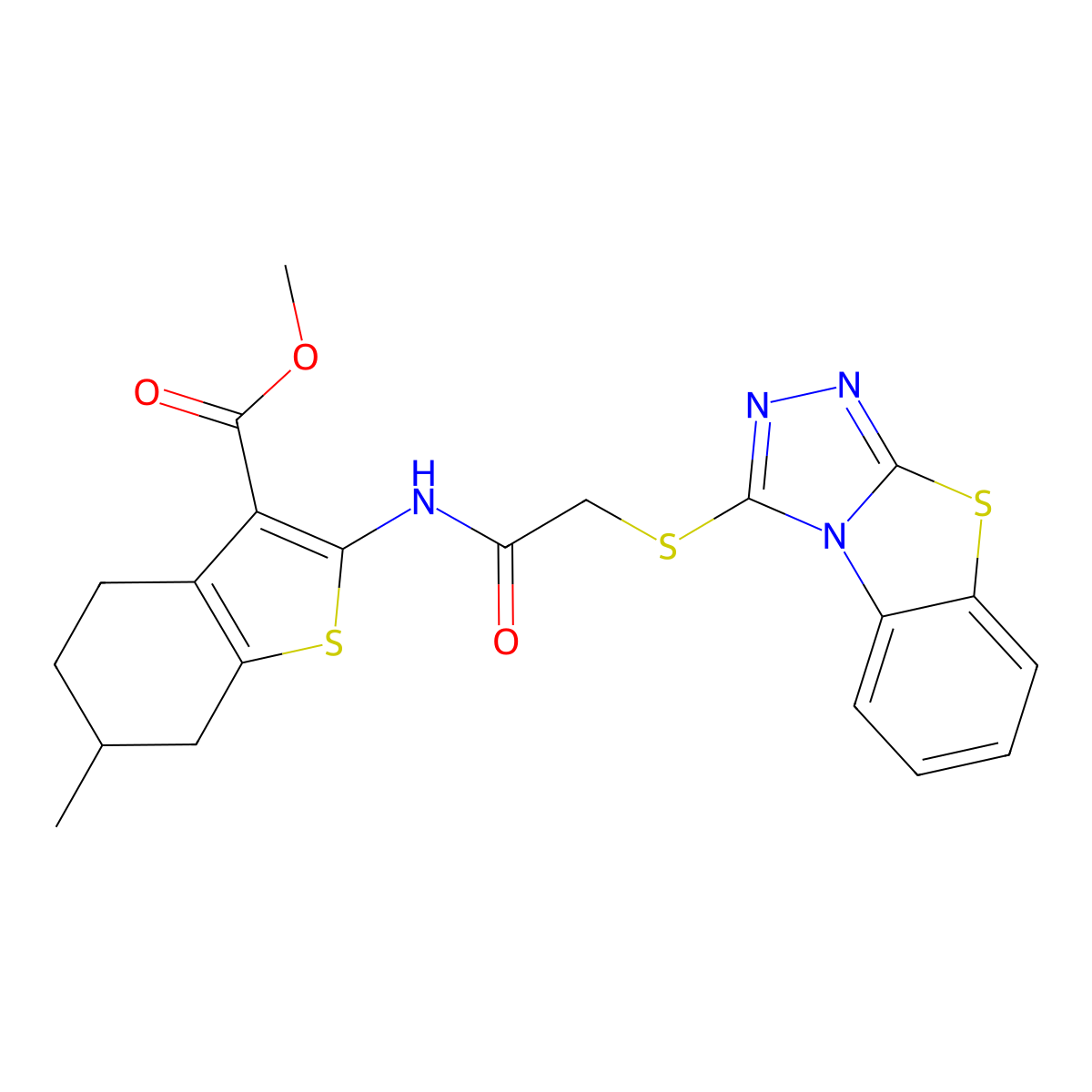 Methyl 6-methyl-2-[[2-([1,2,4]triazolo[3,4-b][1,3]benzothiazol-1-ylsulfanyl)acetyl]amino]-4,5,6,7-tetrahydro-1-benzothiophene-3-carboxylate molecular structure, CAS 374693-19-3