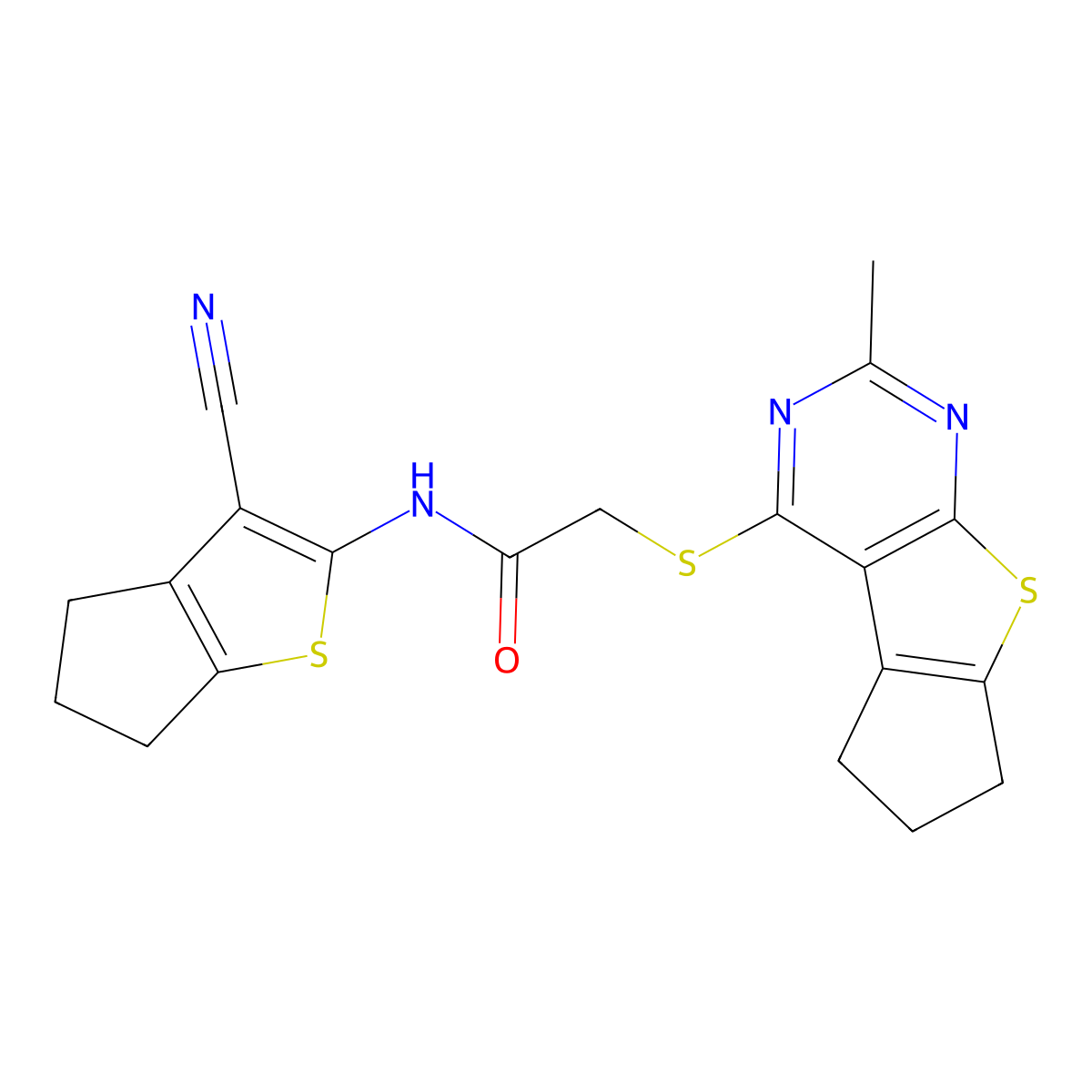 N-(3-cyano-5,6-dihydro-4H-cyclopenta[b]thien-2-yl)-2-[(2-methyl-6,7-dihydro-5H-cyclopenta[4,5]thieno[2,3-d]pyrimidin-4-yl)sulfanyl]acetamide molecular structure, CAS 374693-25-1