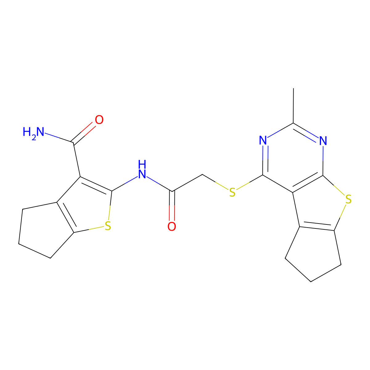 2-[2-({10-methyl-7-thia-9,11-diazatricyclo[6.4.0.0^{2,6}]dodeca-1(8),2(6),9,11-tetraen-12-yl}sulfanyl)acetamido]-4H,5H,6H-cyclopenta[b]thiophene-3-carboxamide molecular structure, CAS 374693-36-4
