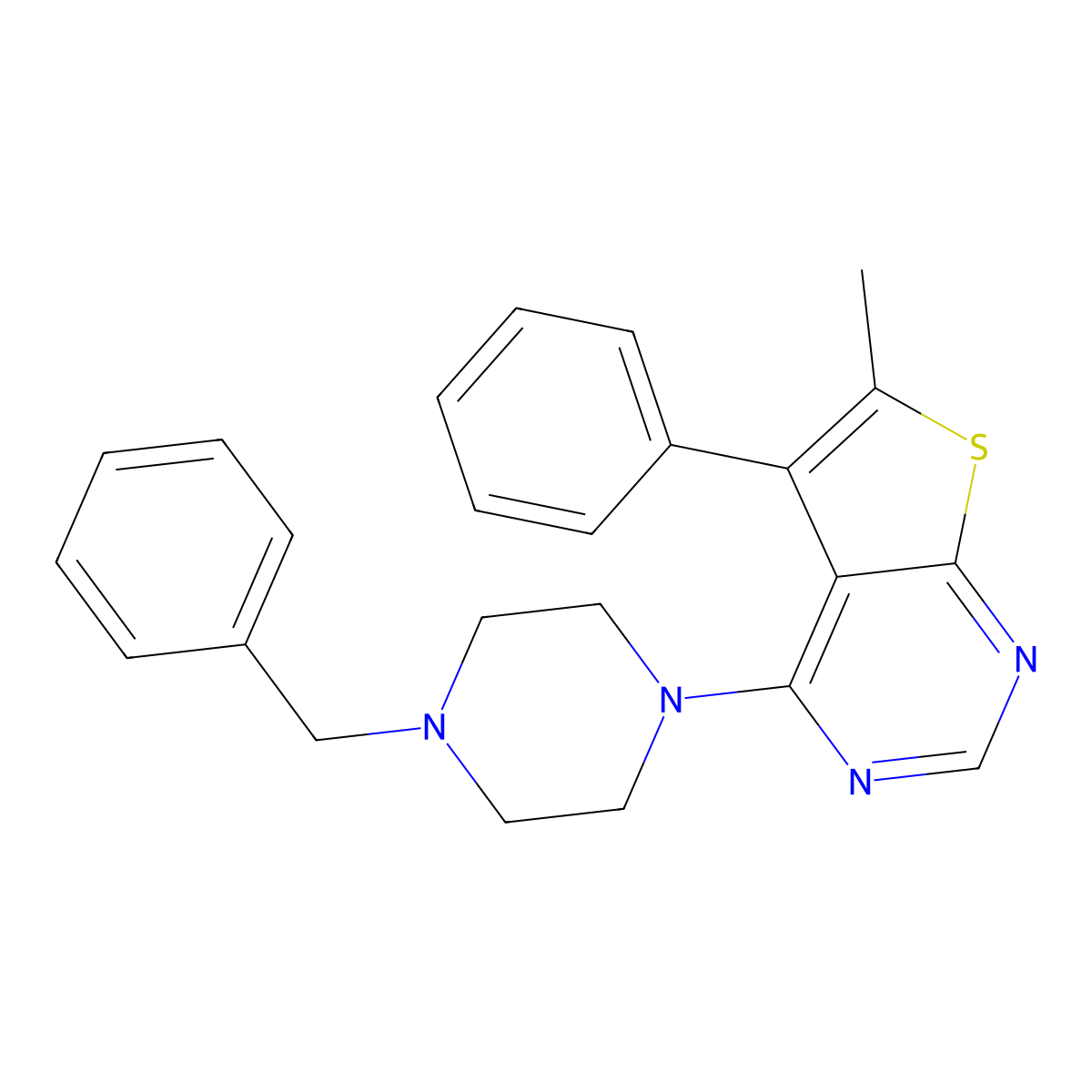 1-Benzyl-4-{6-methyl-5-phenylthieno[2,3-d]pyrimidin-4-yl}piperazine molecular structure, CAS 374693-43-3