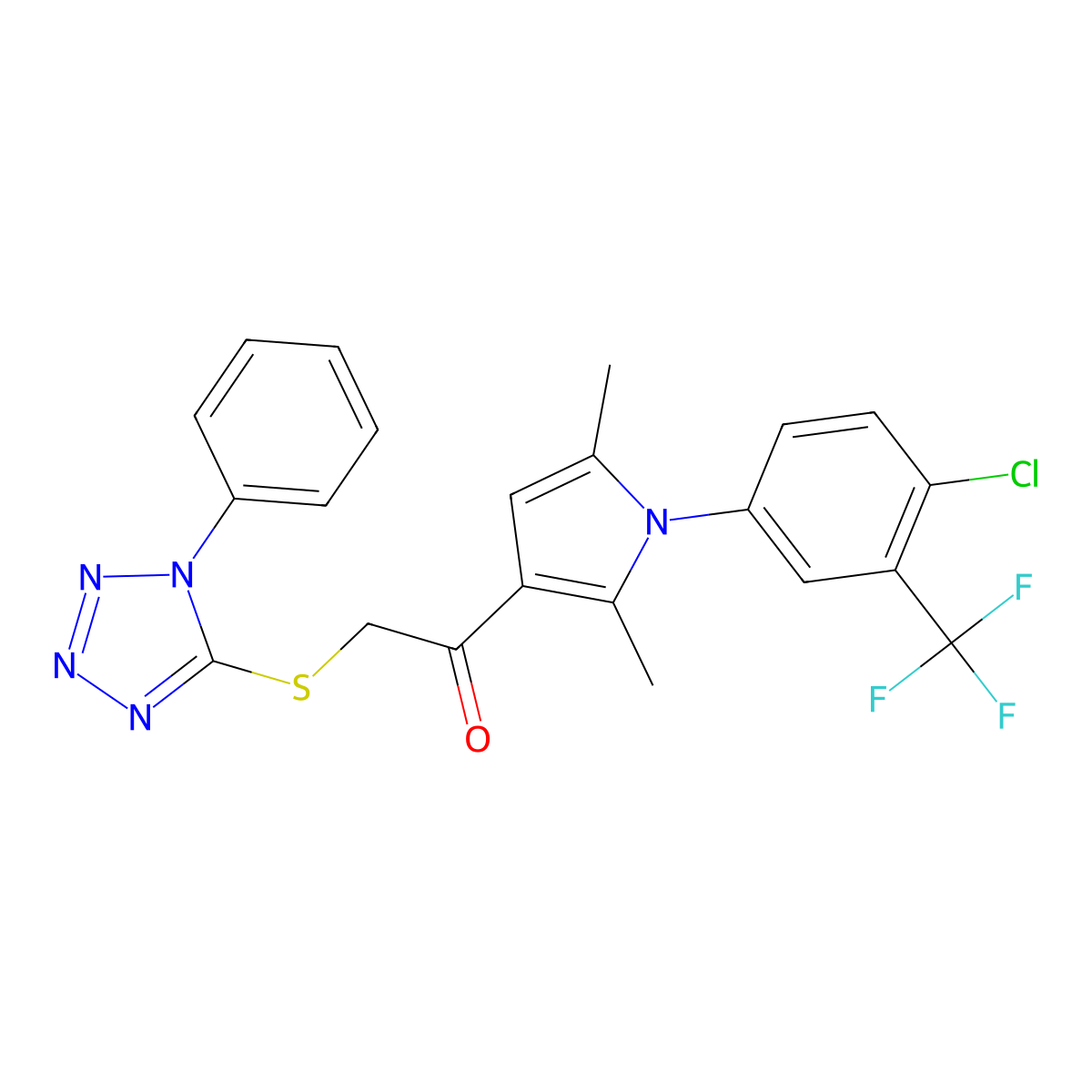1-{1-[4-chloro-3-(trifluoromethyl)phenyl]-2,5-dimethyl-1H-pyrrol-3-yl}-2-[(1-phenyl-1H-1,2,3,4-tetrazol-5-yl)sulfanyl]ethan-1-one molecular structure, CAS 374693-56-8