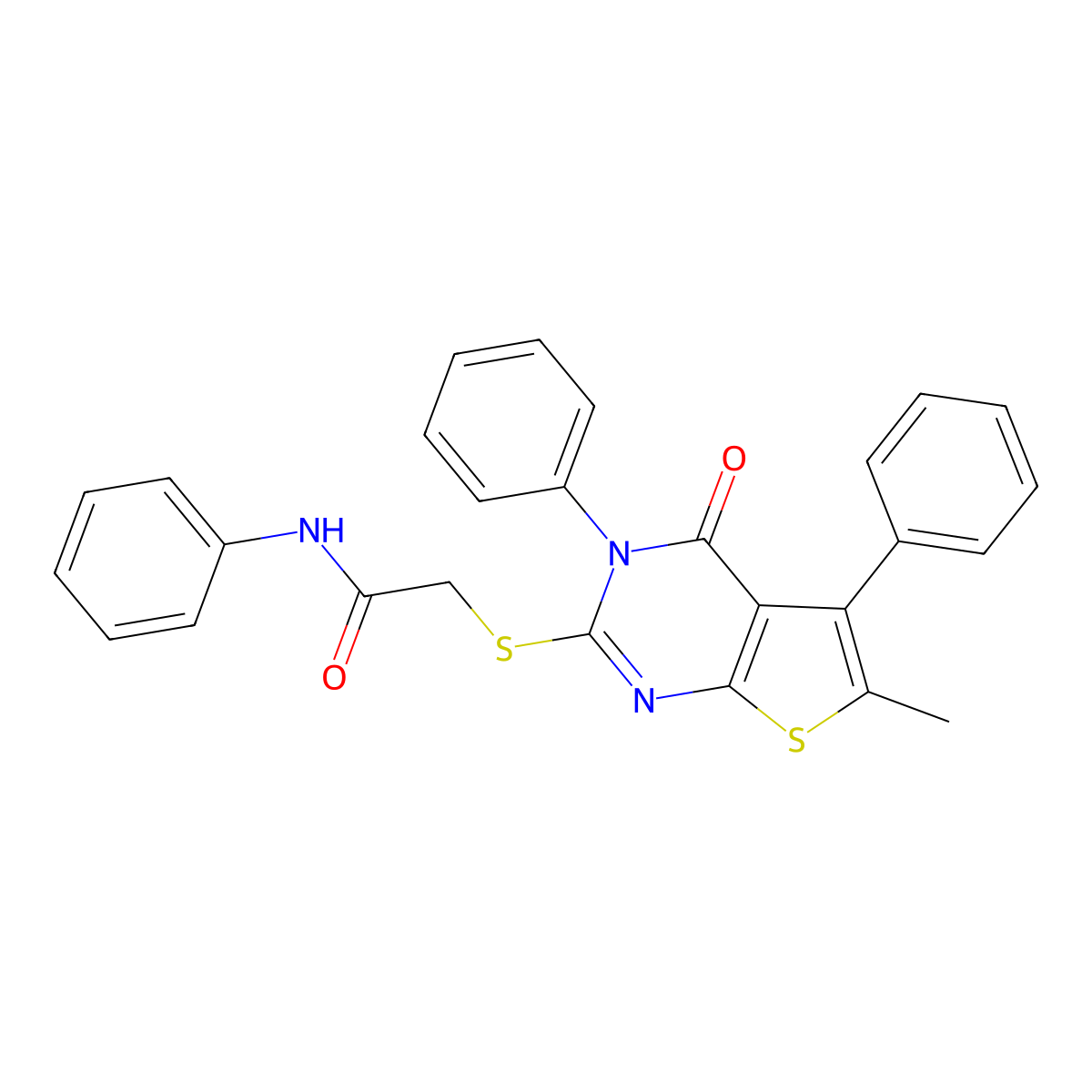 2-(6-methyl-4-oxo-3,5-diphenylthieno[2,3-d]pyrimidin-2-yl)sulfanyl-N-phenylacetamide molecular structure, CAS 374693-70-6