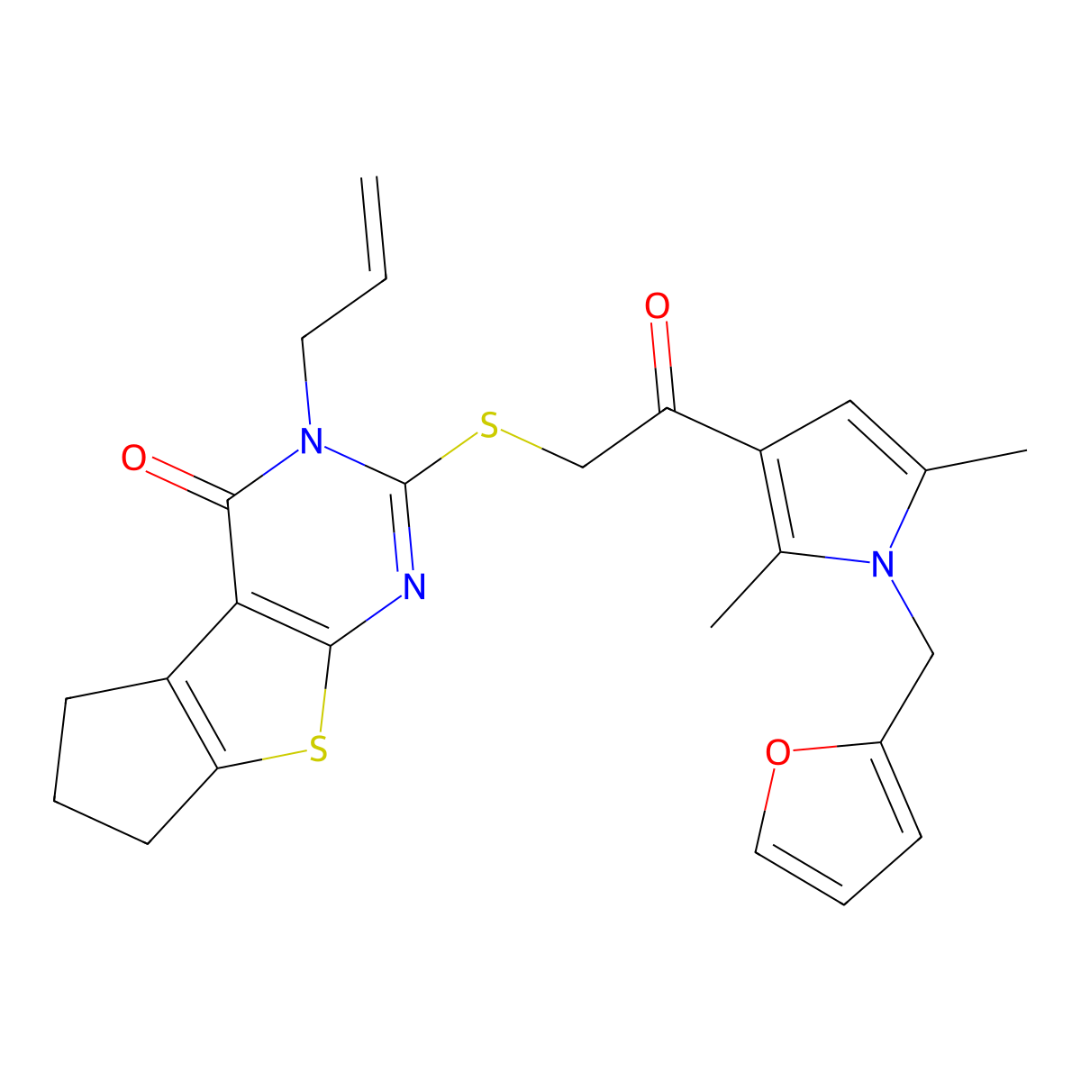 10-[(2-{1-[(furan-2-yl)methyl]-2,5-dimethyl-1H-pyrrol-3-yl}-2-oxoethyl)sulfanyl]-11-(prop-2-en-1-yl)-7-thia-9,11-diazatricyclo[6.4.0.0^{2,6}]dodeca-1(8),2(6),9-trien-12-one molecular structure, CAS 374693-73-9