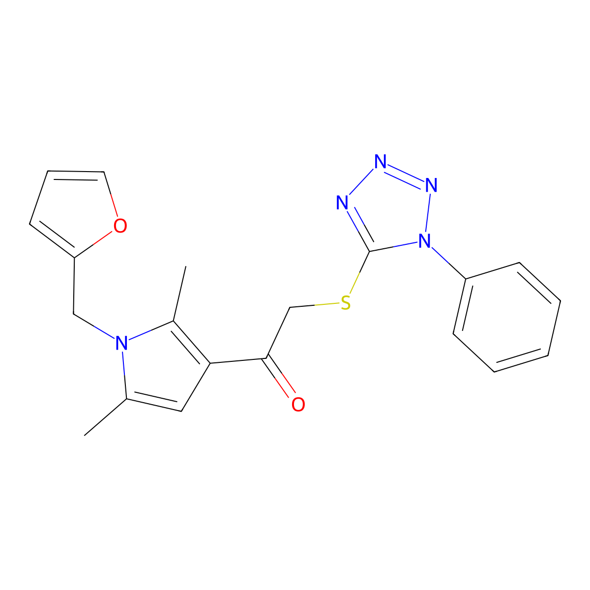1-(1-(furan-2-ylmethyl)-2,5-dimethyl-1H-pyrrol-3-yl)-2-((1-phenyl-1H-tetrazol-5-yl)thio)ethanone molecular structure, CAS 374693-74-0
