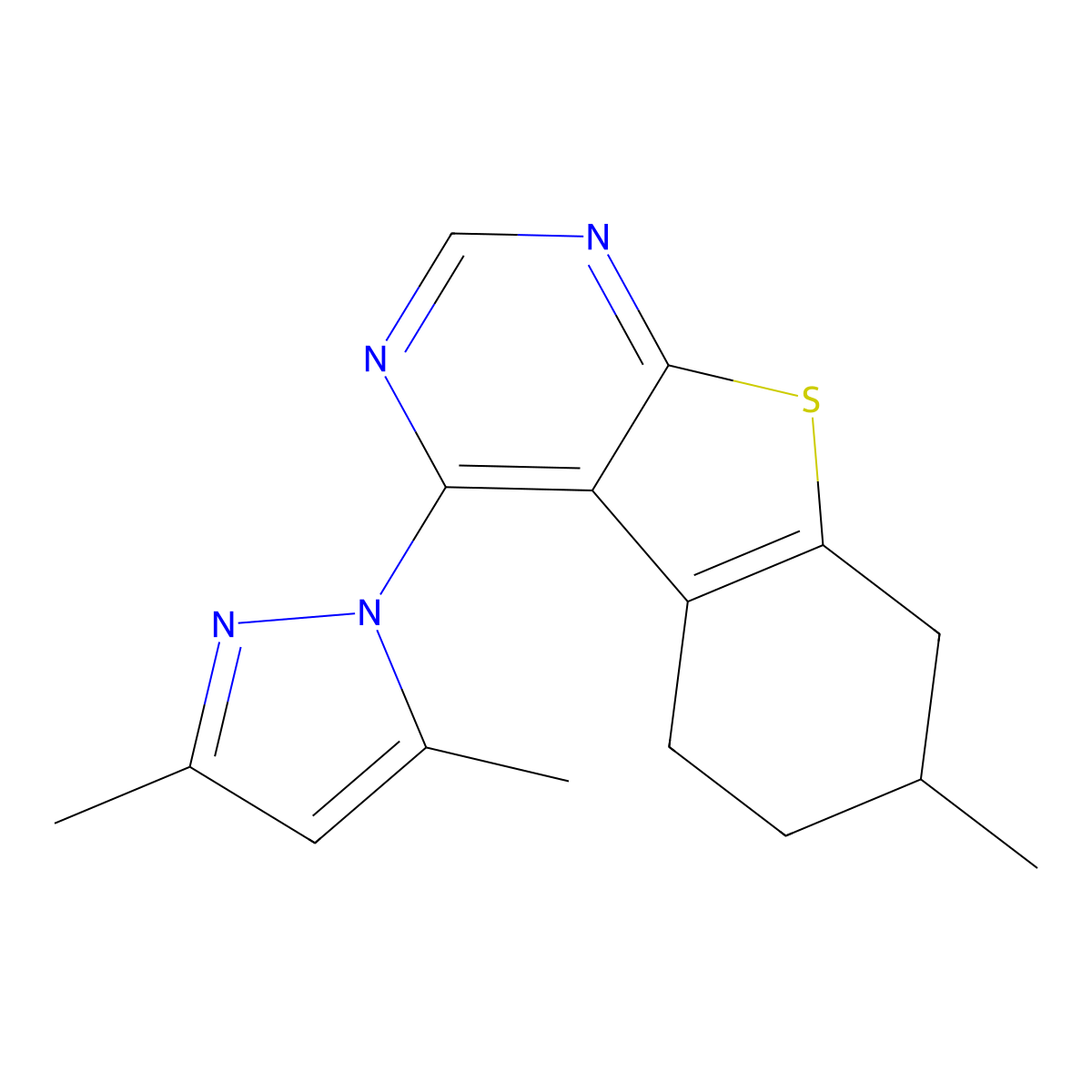 4-(3,5-dimethyl-1H-pyrazol-1-yl)-7-methyl-5,6,7,8-tetrahydro[1]benzothieno[2,3-d]pyrimidine molecular structure, CAS 374693-88-6