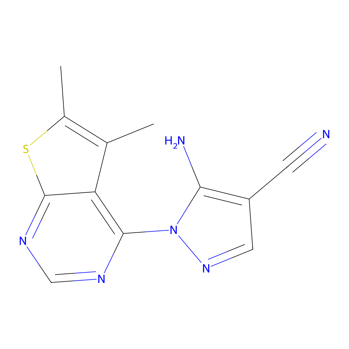 5-amino-1-(5,6-dimethylthieno[2,3-d]pyrimidin-4-yl)-1H-pyrazole-4-carbonitrile molecular structure, CAS 374693-90-0