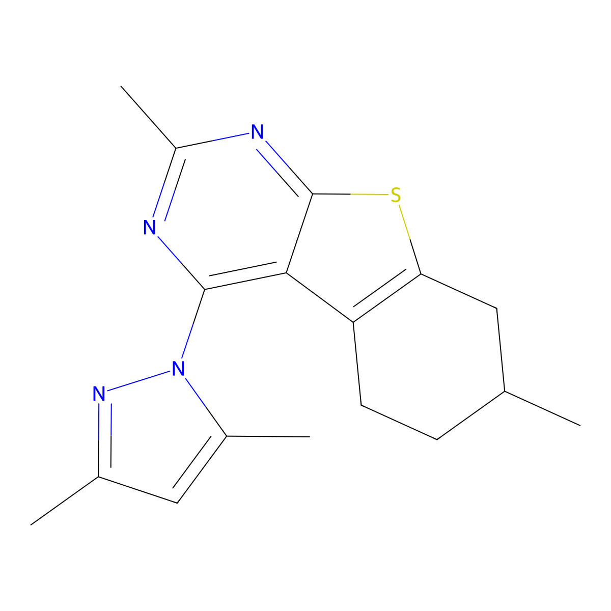 4-(3,5-dimethyl-1H-pyrazol-1-yl)-2,7-dimethyl-5,6,7,8-tetrahydro[1]benzothieno[2,3-d]pyrimidine molecular structure, CAS 374693-98-8