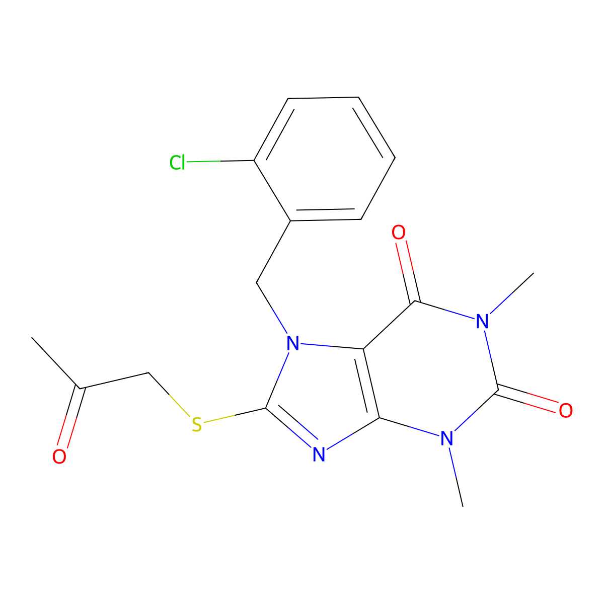 7-[(2-Chlorophenyl)methyl]-1,3-dimethyl-8-(2-oxopropylsulfanyl)purine-2,6-dione molecular structure, CAS 374696-77-2