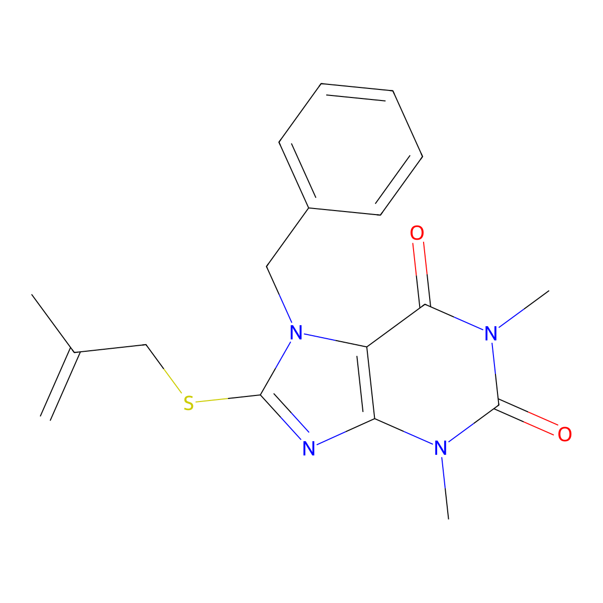 7-benzyl-1,3-dimethyl-8-[(2-methylprop-2-en-1-yl)sulfanyl]-2,3,6,7-tetrahydro-1H-purine-2,6-dione molecular structure, CAS 374696-94-3
