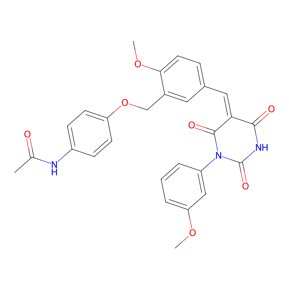N-[4-[[2-Methoxy-5-[[tetrahydro-1-(3-methoxyphenyl)-2,4,6-trioxo-5(2H)-pyrimidinylidene]methyl]phenyl]methoxy]phenyl]acetamide molecular structure, CAS 374697-08-2