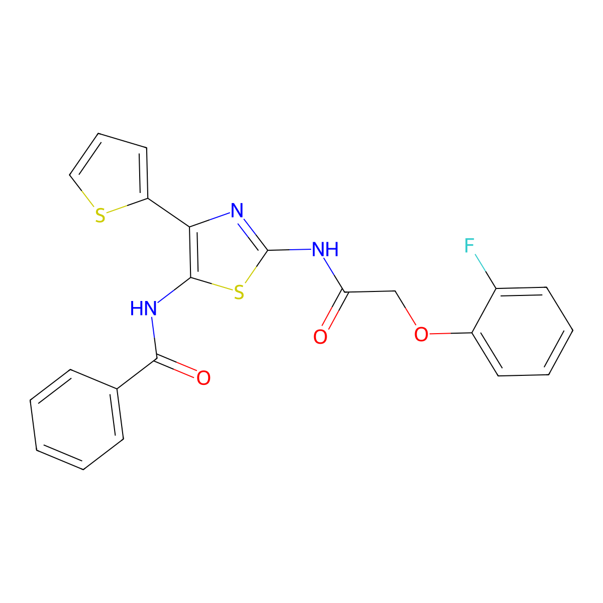 N-[2-[[2-(2-fluorophenoxy)acetyl]amino]-4-thiophen-2-yl-1,3-thiazol-5-yl]benzamide molecular structure, CAS 374697-32-2