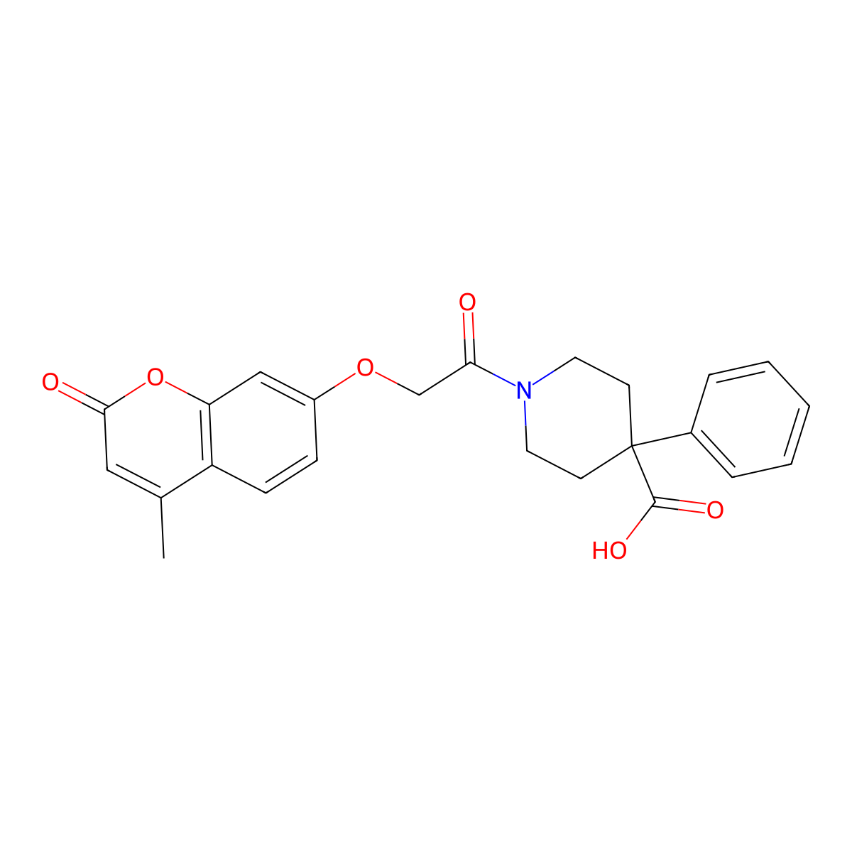 1-[2-[(4-Methyl-2-oxo-1-benzopyran-7-yl)oxy]-1-oxoethyl]-4-phenyl-4-piperidinecarboxylic acid molecular structure, CAS 374698-57-4
