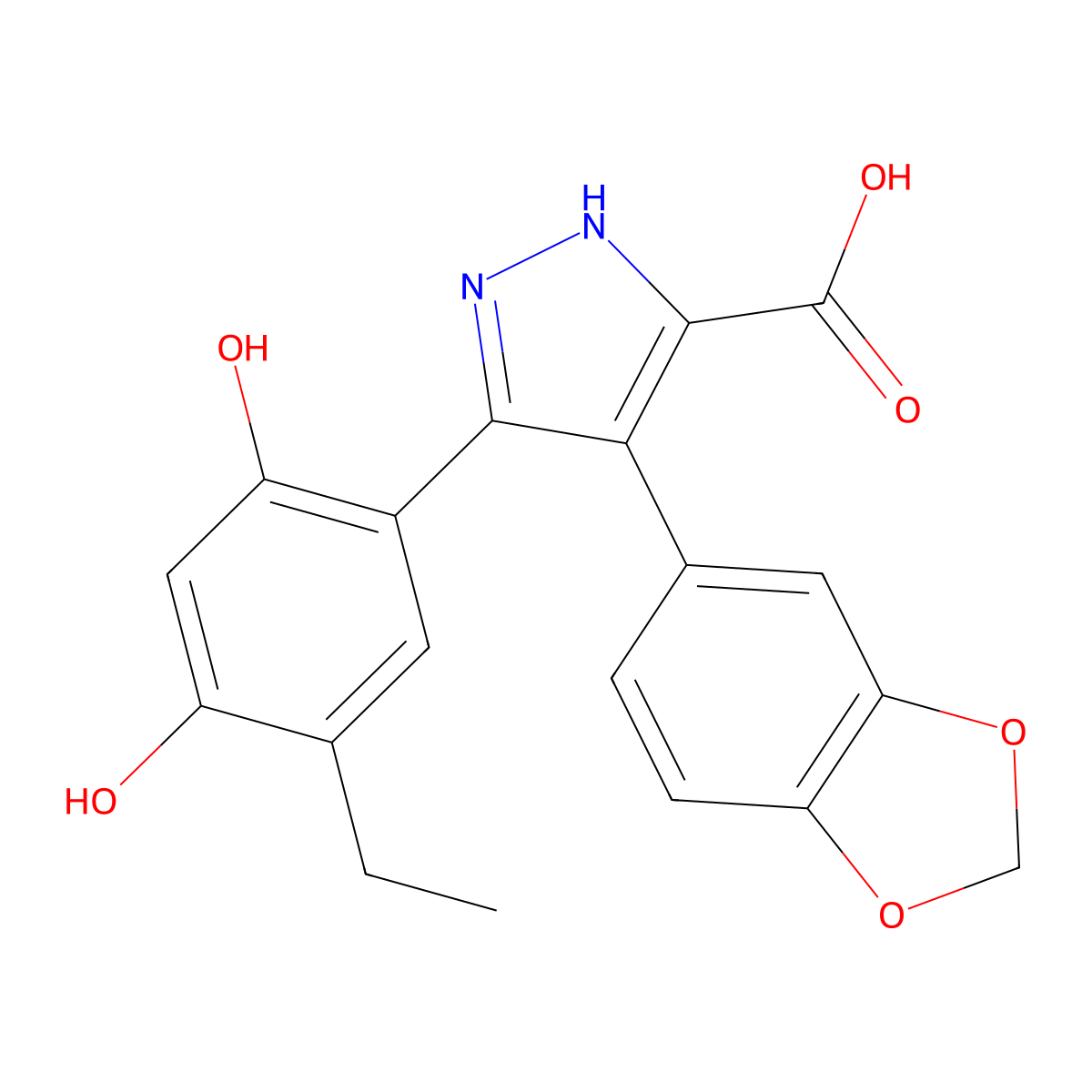 4-(1,3-Benzodioxol-5-Yl)-5-(5-Ethyl-2,4-Dihydroxyphenyl)-2h-Pyrazole-3-Carboxylic Acid molecular structure, CAS 374699-77-1