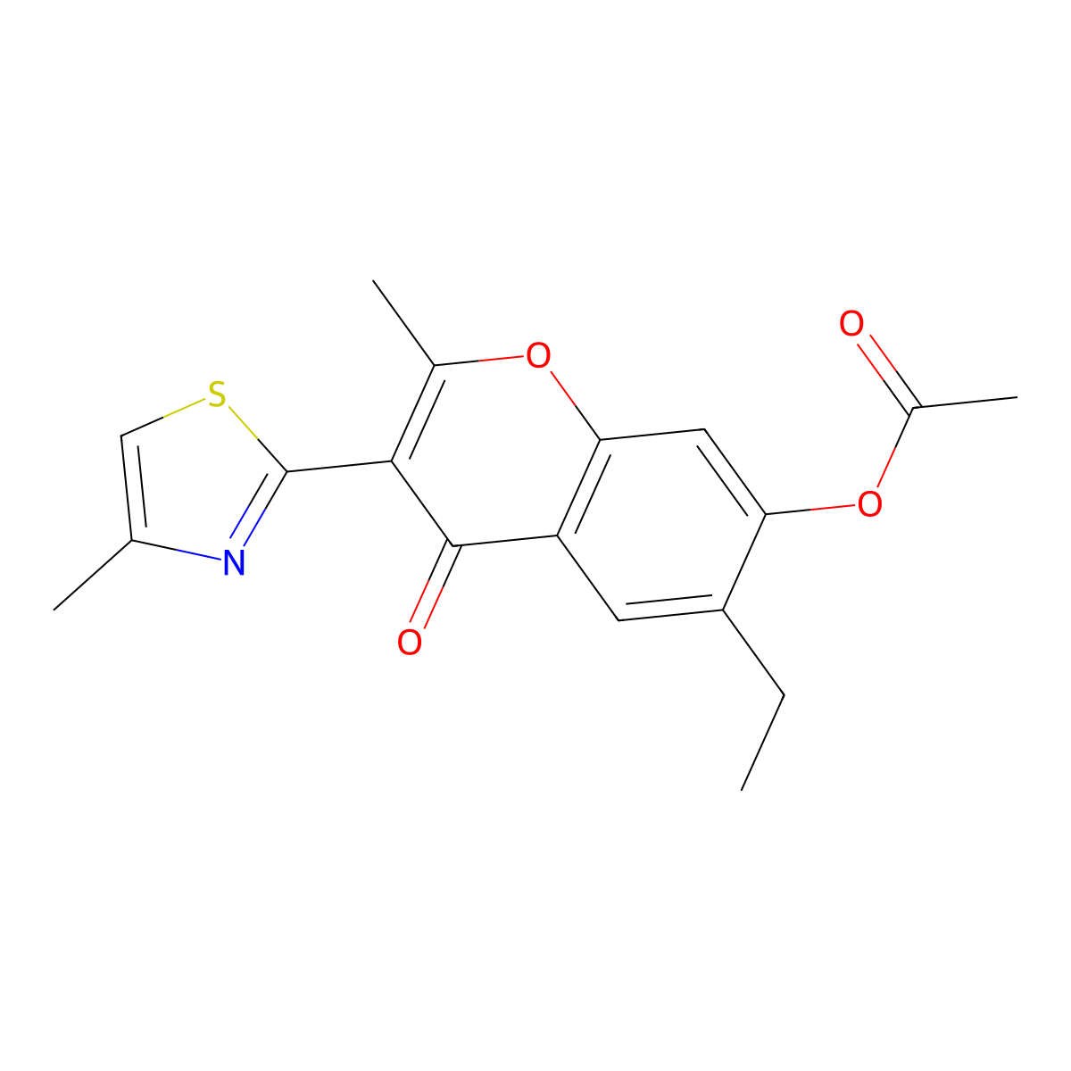 6-ethyl-2-methyl-3-(4-methylthiazol-2-yl)-4-oxo-4H-chromen-7-yl acetate molecular structure, CAS 374700-64-8