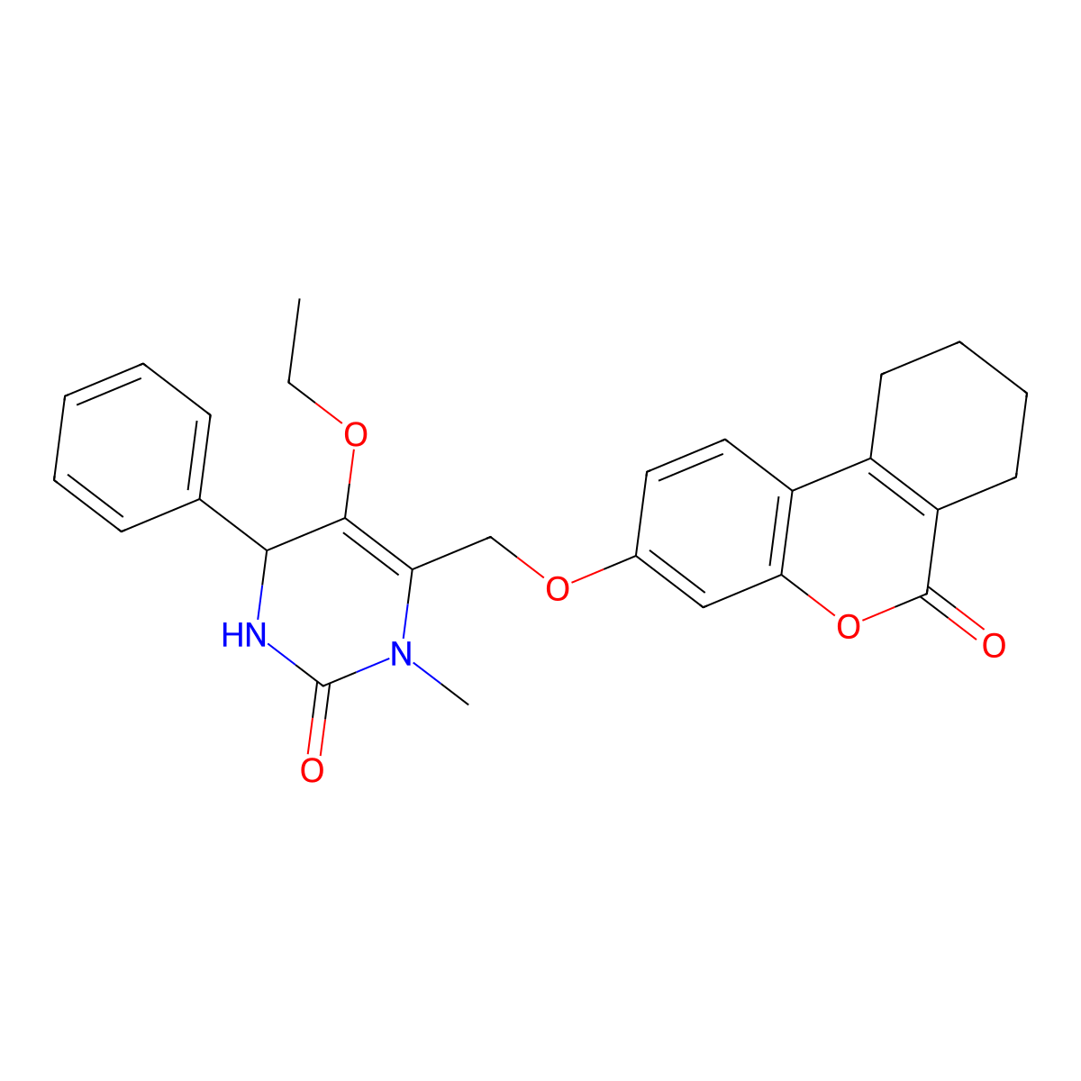 5-ethoxy-1-methyl-6-(((6-oxo-7,8,9,10-tetrahydro-6H-benzo[c]chromen-3-yl)oxy)methyl)-4-phenyl-3,4-dihydropyrimidin-2(1H)-one molecular structure, CAS 374703-19-2