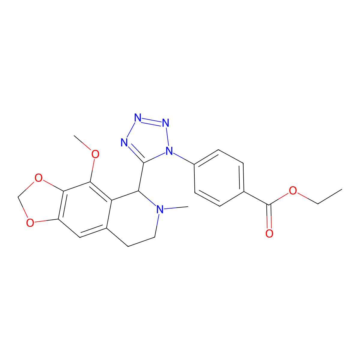 Ethyl 4-[5-(5,6,7,8-tetrahydro-4-methoxy-6-methyl-1,3-dioxolo[4,5-g]isoquinolin-5-yl)-1H-tetrazol-1-yl]benzoate molecular structure, CAS 374703-79-4