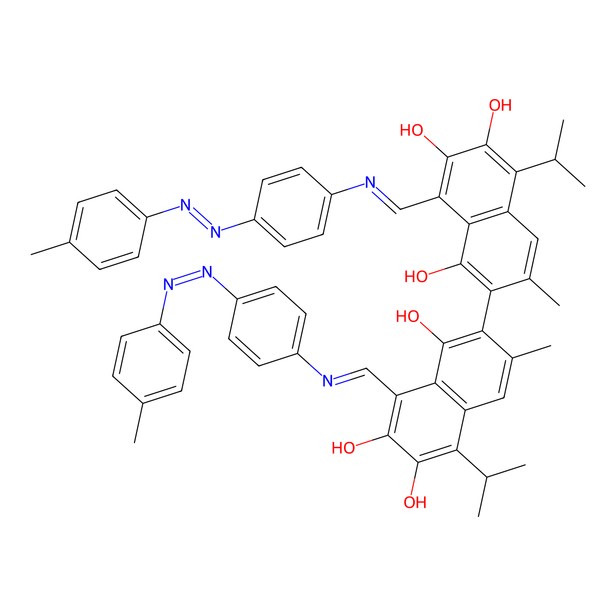 3-Methyl-8-[[4-[(4-methylphenyl)diazenyl]phenyl]iminomethyl]-5-propan-2-yl-2-[1,6,7-trihydroxy-3-methyl-8-[[4-[(4-methylphenyl)diazenyl]phenyl]iminomethyl]-5-propan-2-ylnaphthalen-2-yl]naphthalene-1,6,7-triol molecular structure, CAS 374703-99-8