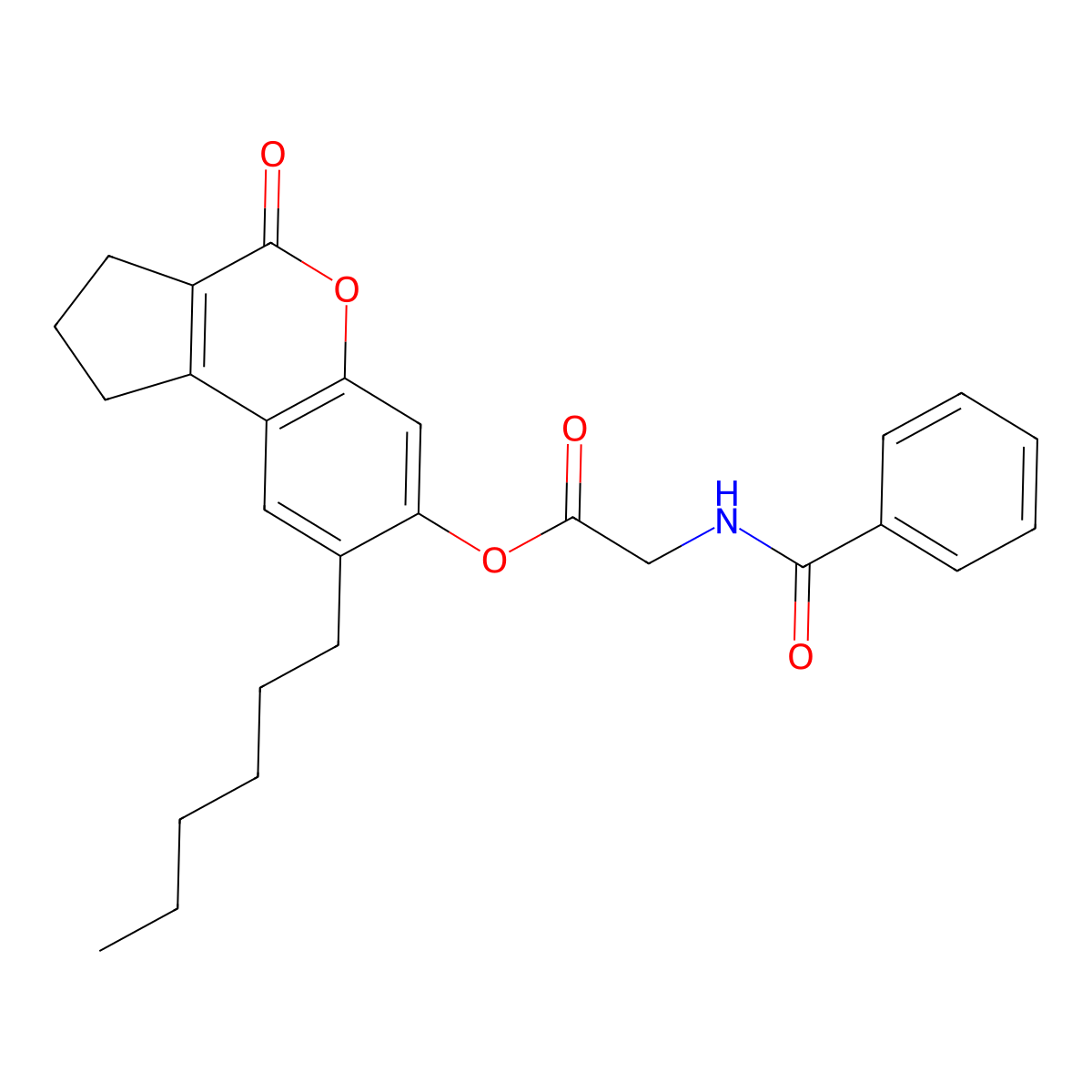 8-Hexyl-4-oxo-1,2,3,4-tetrahydrocyclopenta[c]chromen-7-yl (benzoylamino)acetate molecular structure, CAS 374704-61-7