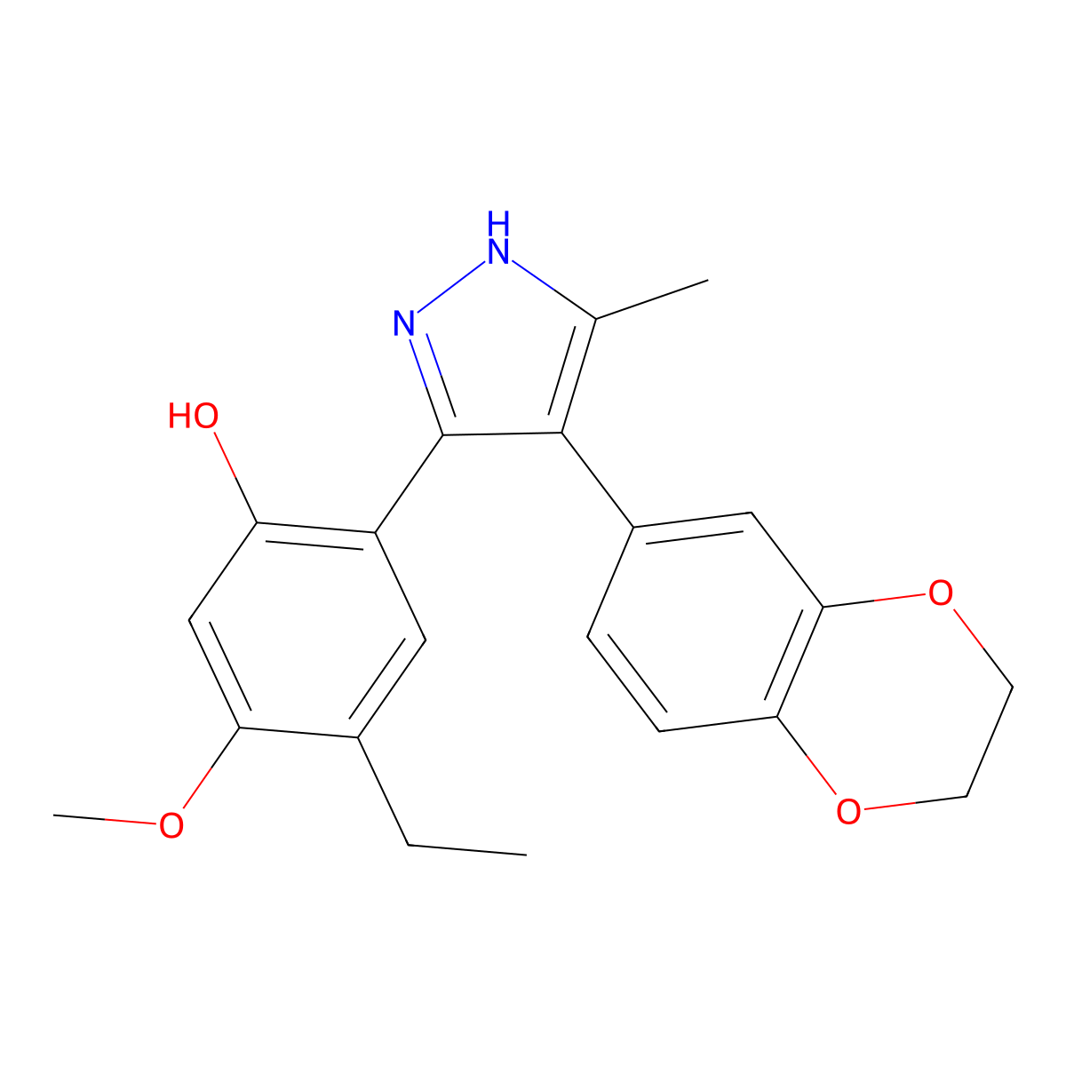 2-(4-(2,3-dihydrobenzo[b][1,4]dioxin-6-yl)-5-methyl-1H-pyrazol-3-yl)-4-ethyl-5-methoxyphenol molecular structure, CAS 374705-34-7