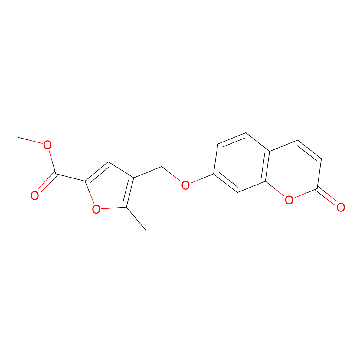 5-Methyl-4-[(2-oxo-1-benzopyran-7-yl)oxymethyl]-2-furancarboxylic acid methyl ester molecular structure, CAS 374708-24-4
