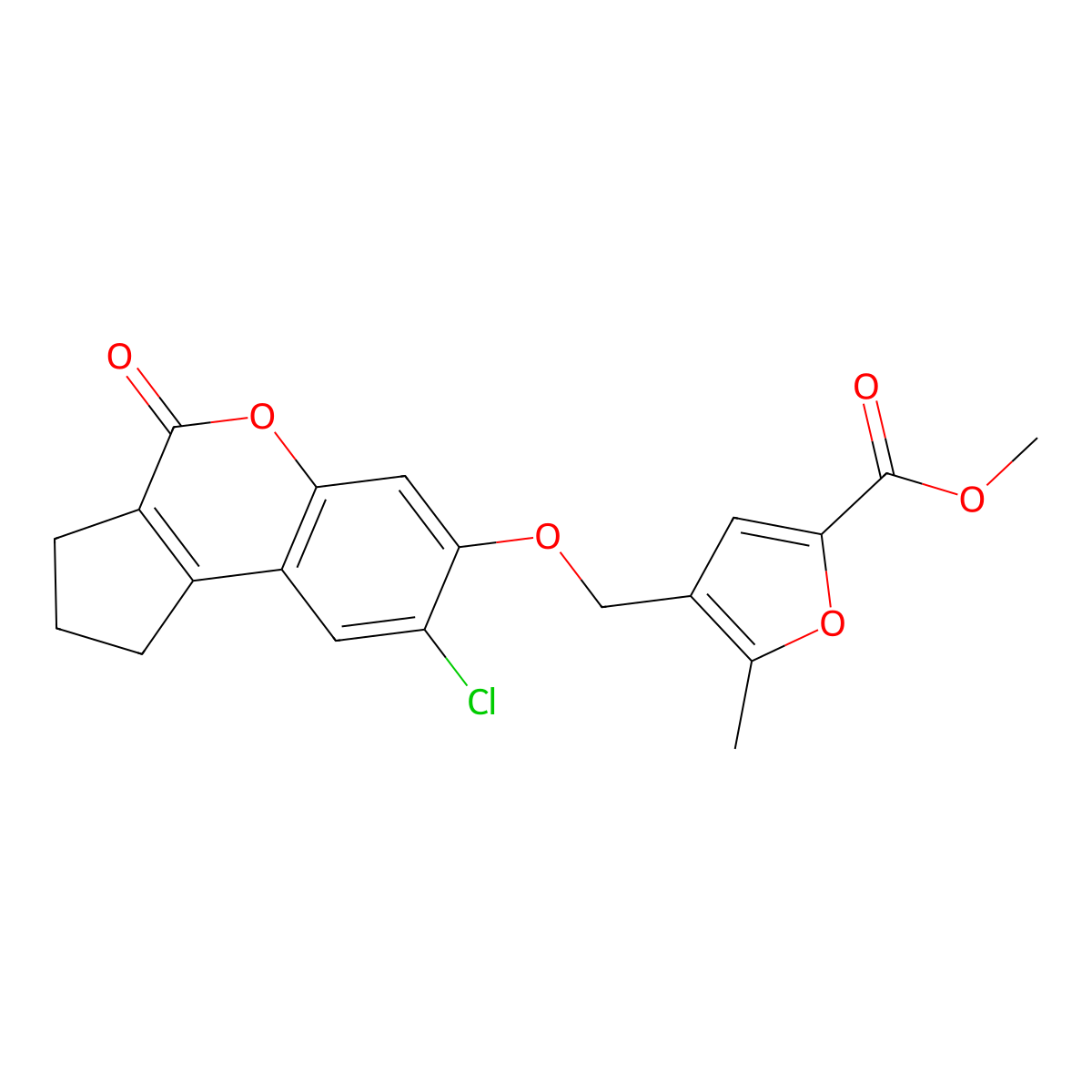 methyl 4-[(8-chloro-4-oxo-2,3-dihydro-1H-cyclopenta[c]chromen-7-yl)oxymethyl]-5-methylfuran-2-carboxylate molecular structure, CAS 374709-20-3