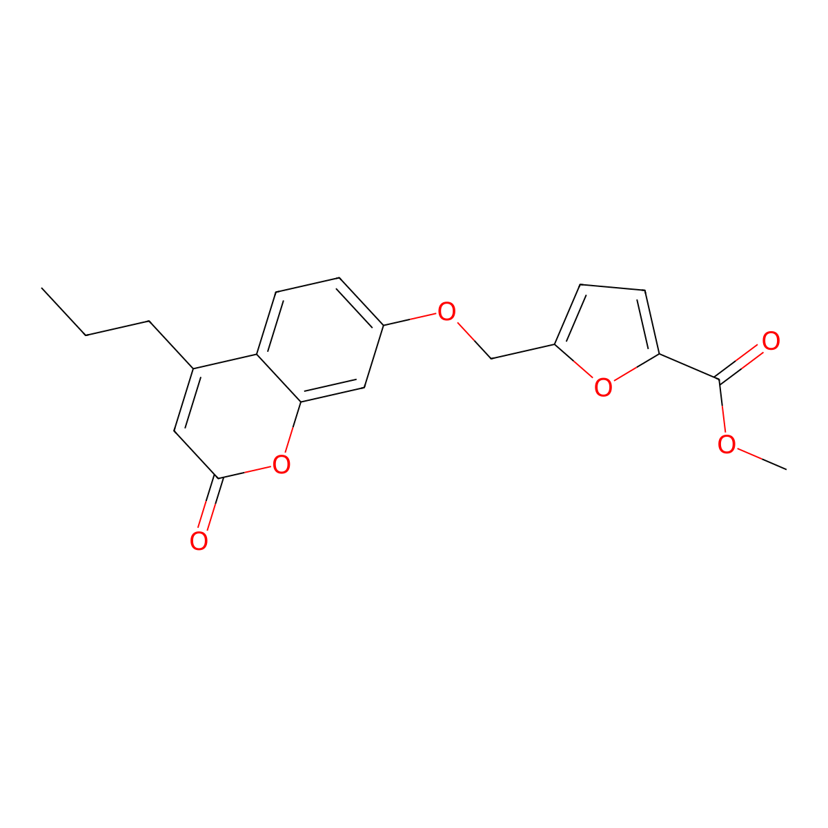 Methyl 5-[(2-oxo-4-propylchromen-7-yl)oxymethyl]furan-2-carboxylate molecular structure, CAS 374710-58-4