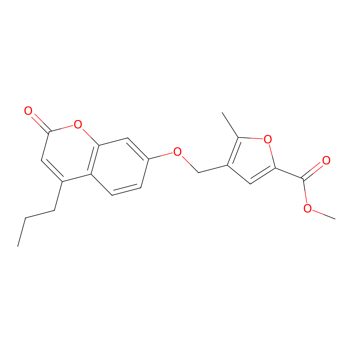 methyl 5-methyl-4-{[(2-oxo-4-propyl-2H-chromen-7-yl)oxy]methyl}-2-furoate molecular structure, CAS 374711-31-6