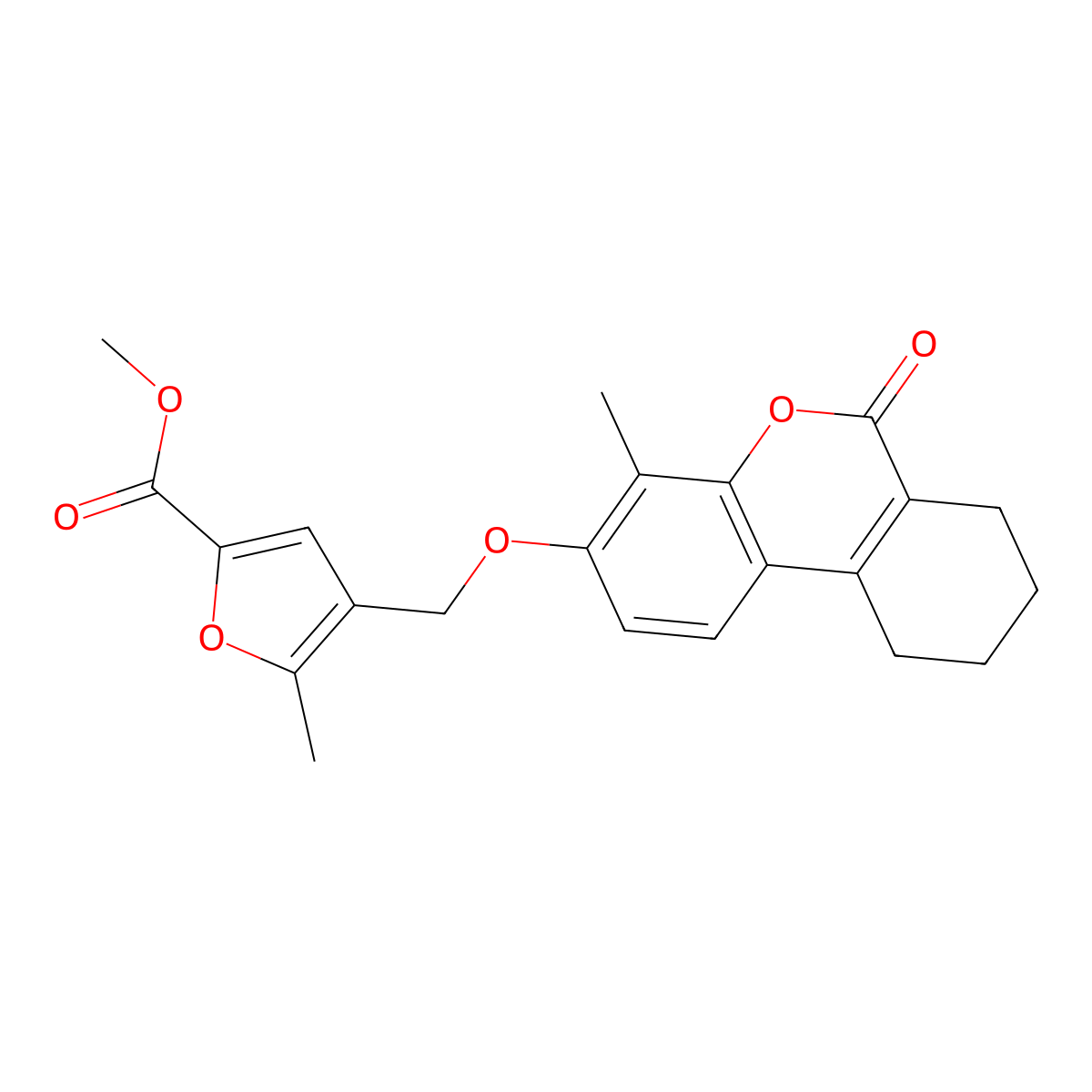Methyl 5-methyl-4-[(4-methyl-6-oxo-7,8,9,10-tetrahydrobenzo[c]chromen-3-yl)oxymethyl]furan-2-carboxylate molecular structure, CAS 374758-73-3